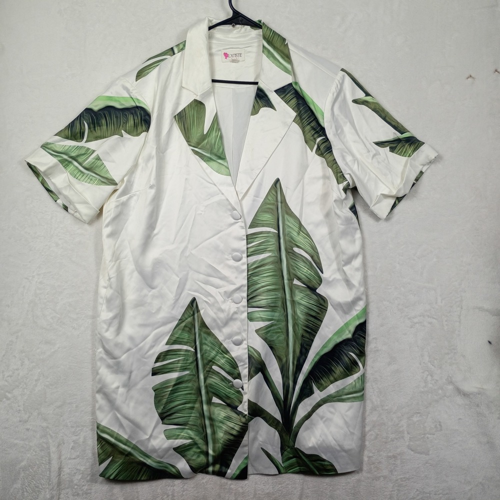 L'Atiste Shirt Dress Womens 1X White Green Banana Leaf Tropical Satin Button Up